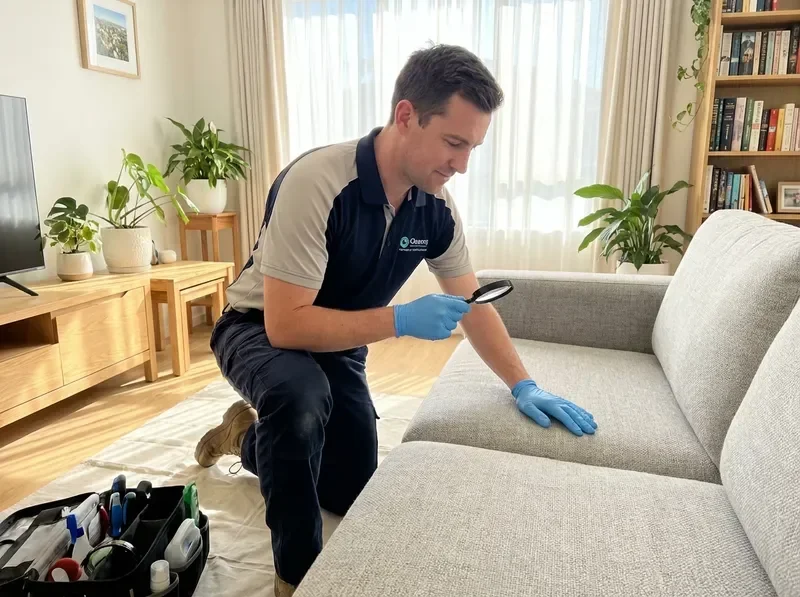 טכנאי ניקוי בודק ספה לפני הטיפול