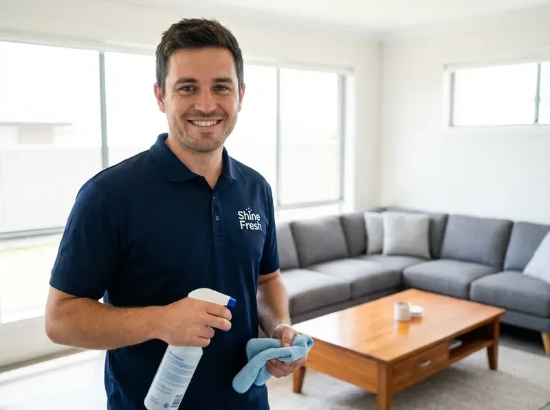 איש מקצוע של שיין פרש מחייך ומוכן לשירות ניקוי בבית