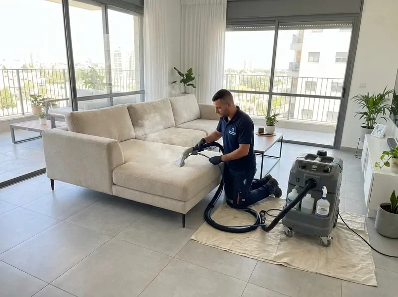 טכנאי ניקוי מקצועי מבצע ניקוי ספה עמוק בסלון ביתי